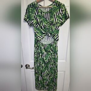 TMG Sleeveless Tie Front Cut Out Tropical Leaf Maxi Stretch Dress- Size XL
